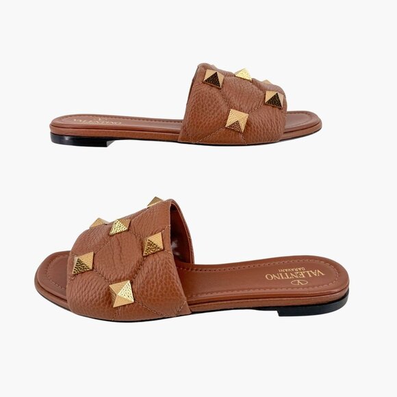 Valentino Roman Stud Brown Rockstud Slide Sandals Flats Size 37.5 US 7.5 Women's - Picture 9 of 15